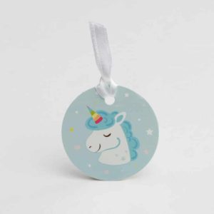 Étiquette Licorne ronde bleu ciel – Lot de 12